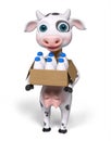 Cartoon character cow with carton box and milk bottles 3d render Royalty Free Stock Photo