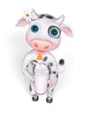 Cartoon character cow holds glass of milk 3d rendering