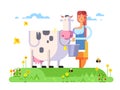 Cartoon character cow and milkmaid Royalty Free Stock Photo