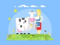 Cartoon character cow and milkmaid Royalty Free Stock Photo