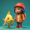 Minimalist 3d Character Interacting With A Fish: Vray Tracing And Bold Designs Royalty Free Stock Photo