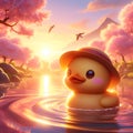 A cartoon character of cute and adorable duckling swimming in a river, with the spring cherry blossoms and sunset, t-shirt prints Royalty Free Stock Photo