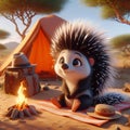 Cartoon character of a cute and adorable porcupine kid, having a camping at a savannah, with campfire, tree, fantasy, animal art