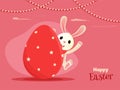 Cartoon character of cute bunny hiding inside of egg with text of Happy Easter.