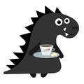 Cartoon character cute dino boy with coffee. Dinosaur cute dino slogan. Sketch black dino. Cartoon style banner. vector