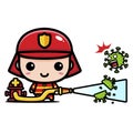 cartoon character of cute firefighter fighting virus