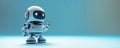 cartoon character cute happy robot points finger at a copy space on blue isolated background