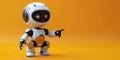 cartoon character cute happy robot points finger at a copy space on yellow isolated background