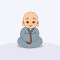 Cartoon character cute happy smiling monk sitting on floor and chanting.