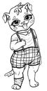 Cartoon character, cute naughty puppy with small ears and big adorable eyes, with smile and protruding tongue, in plaid shorts wit