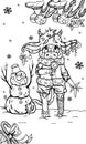 Cartoon character, cute New Years little bull, with long ears and big eyes, with small horns and fluffy tail, with garland and ch