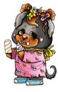 Cartoon character cute puppy little rottweiler in flower dress with big eyes and protruding tongue