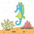 Cartoon character cute Sea Horse isolated on sea landscape. Marine underwater world with plants, reefs on sand and colorful fish. Royalty Free Stock Photo