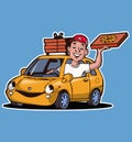 Cartoon character delivery guy driving car