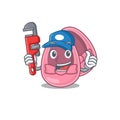 Cartoon character design of baby girl shoes as a Plumber with tool