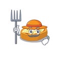 Cartoon character design of baked potatoes as a Farmer with hat and pitchfork