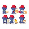 Cartoon character design of blue push pin working as a courier Royalty Free Stock Photo
