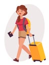 Cartoon character design female travel with luggage and passport