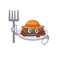 Cartoon character design of grilled steak as a Farmer with hat and pitchfork