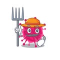 Cartoon character design of picornaviridae as a Farmer with hat and pitchfork