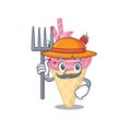 Cartoon character design of strawberry ice cream as a Farmer with hat and pitchfork Royalty Free Stock Photo