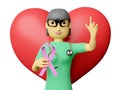 Cartoon character doctor woman and red heart with hand holding cancer pink ribbon over and pointing finger isolated on white Royalty Free Stock Photo