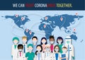 Cartoon character with doctors and medical staff around the world wearing face masks standing fighting for Corona virus