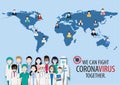 Cartoon character with doctors and medical staff around the world wearing face masks standing fighting for Coronavirus