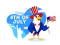 Cartoon character of eagle wearing uncle sam hat holding American Flag on the occasion of Happy 4th Of July.