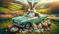 cartoon character Easter bunny driving car and looking for Easter eggs on the meadow. Royalty Free Stock Photo