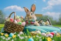 cartoon character Easter bunny driving car and looking for Easter eggs on the meadow. Royalty Free Stock Photo