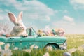 cartoon character Easter bunny driving car and looking for Easter eggs on the meadow. Royalty Free Stock Photo