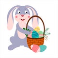 Cartoon character Easter Bunny Rabbit with a basket full of colored Easter eggs. Vector isolated on a white background Royalty Free Stock Photo