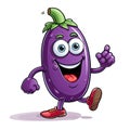 Cartoon character eggplant depicting a happy greeting, isolated on a white background. Created by AI