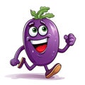 Cartoon character eggplant depicting a happy greeting, isolated on a white background. Created by AI