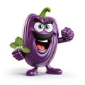 Cartoon character eggplant depicting a happy greeting, isolated on a white background. cute 3d illustration with a smiley face