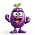 Cartoon character eggplant depicting a happy greeting, isolated on a white background. cute 3d illustration with a smiley face