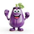 Cartoon character eggplant depicting a happy greeting, isolated on a white background. cute 3d illustration with a smiley face