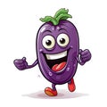 Cartoon character eggplant depicting a happy greeting, isolated on a white background. Created by AI