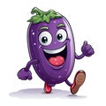 Cartoon character eggplant depicting a happy greeting, isolated on a white background. Created by AI