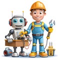 A cartoon character enthusiastically building a robot using various colorful tools and parts