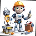 A cartoon character enthusiastically building a robot using various colorful tools and parts