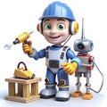 A cartoon character enthusiastically building a robot using various colorful tools and parts