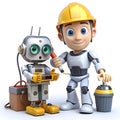 A cartoon character enthusiastically building a robot using various colorful tools and parts