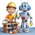A cartoon character enthusiastically building a robot using various colorful tools and parts