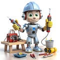 A cartoon character enthusiastically building a robot using various colorful tools and parts