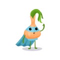 Cartoon character of fantastic onion in superhero suit standing with hand up