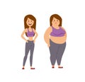 Cartoon character of fat woman and thin girl, people dieting fitness. Royalty Free Stock Photo