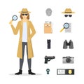 Cartoon Character Female Detective and Icon Set. Vector
