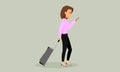 Cartoon character female travel with luggage and passport on the way to airport